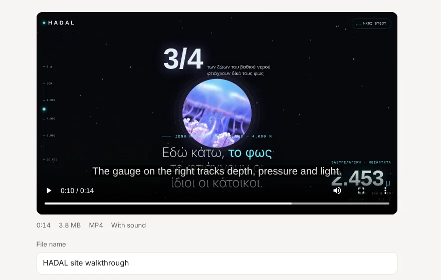 A recording playing with a caption line on the video