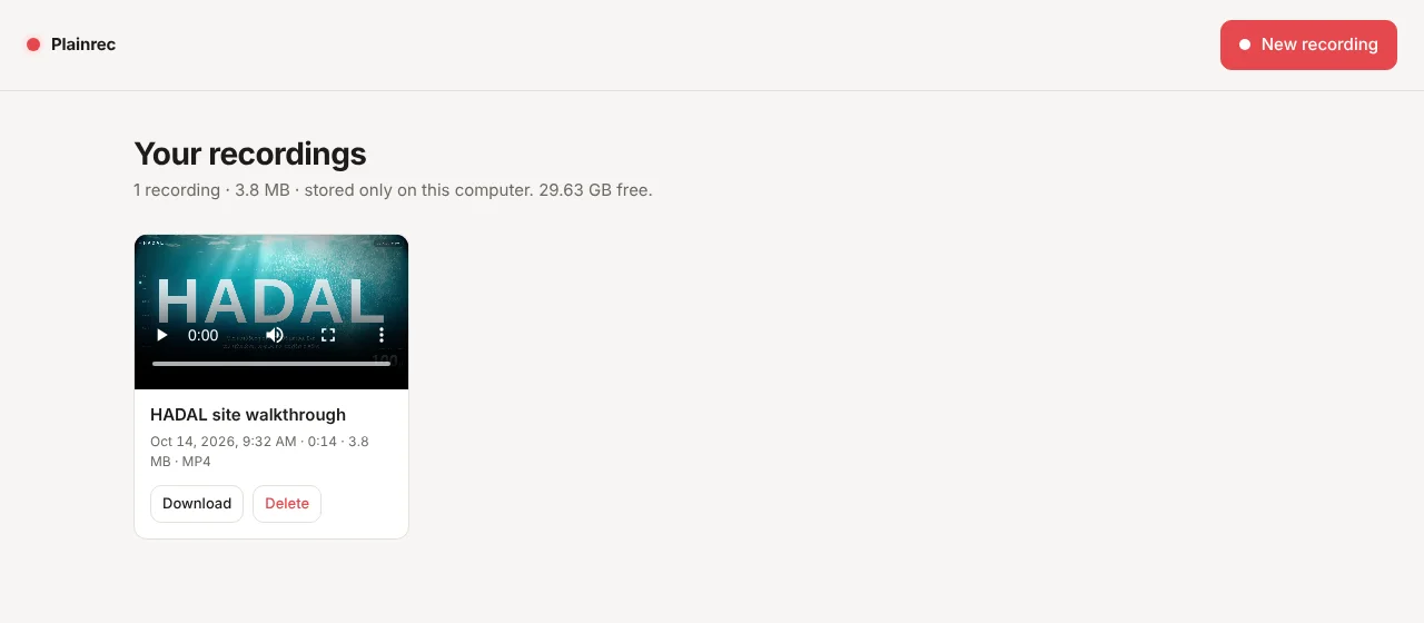 Your recordings page listing a saved recording with download and delete buttons