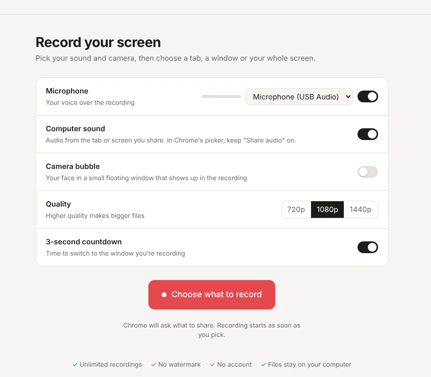 Plainrec settings for microphone, computer sound, camera bubble, quality and countdown, with the Choose what to record button