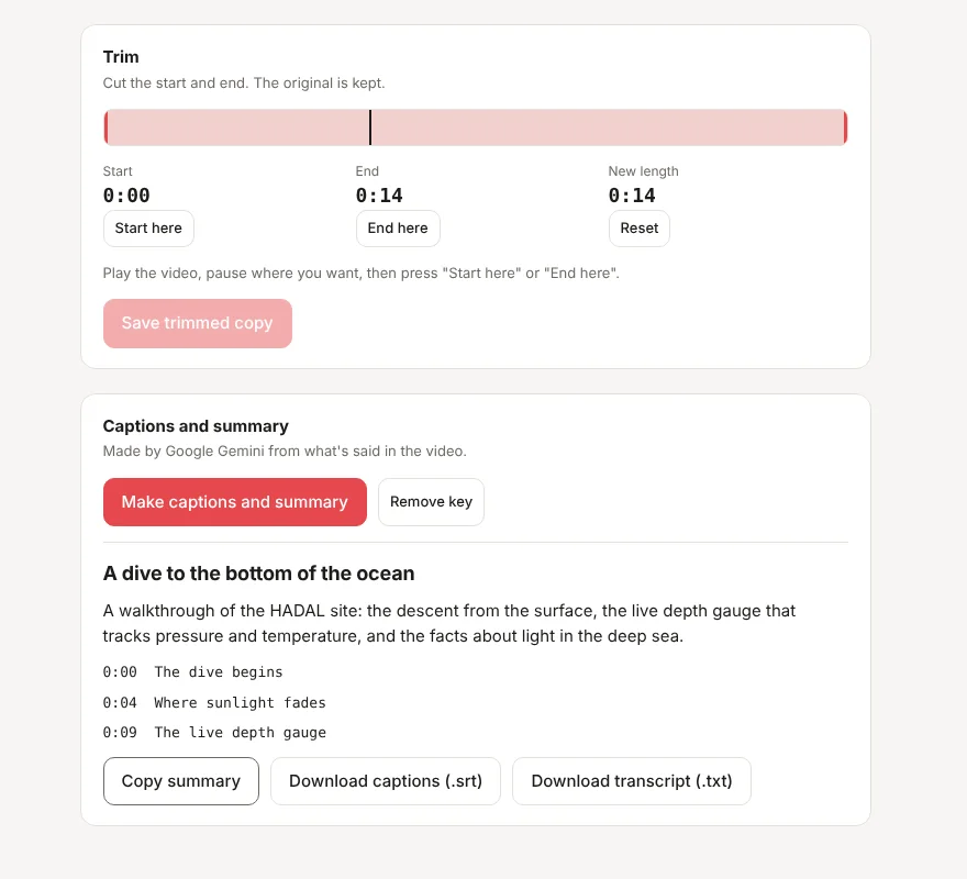 Trim controls with start, end and new length, and below them a generated title, summary and chapter list